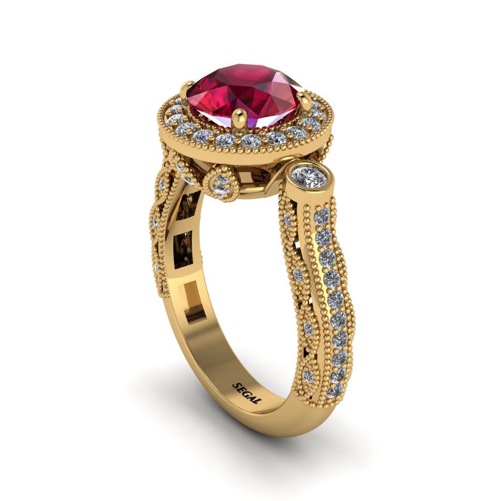 Milgrain Halo Pave Ruby Engagement Ring - Mabel No. 10