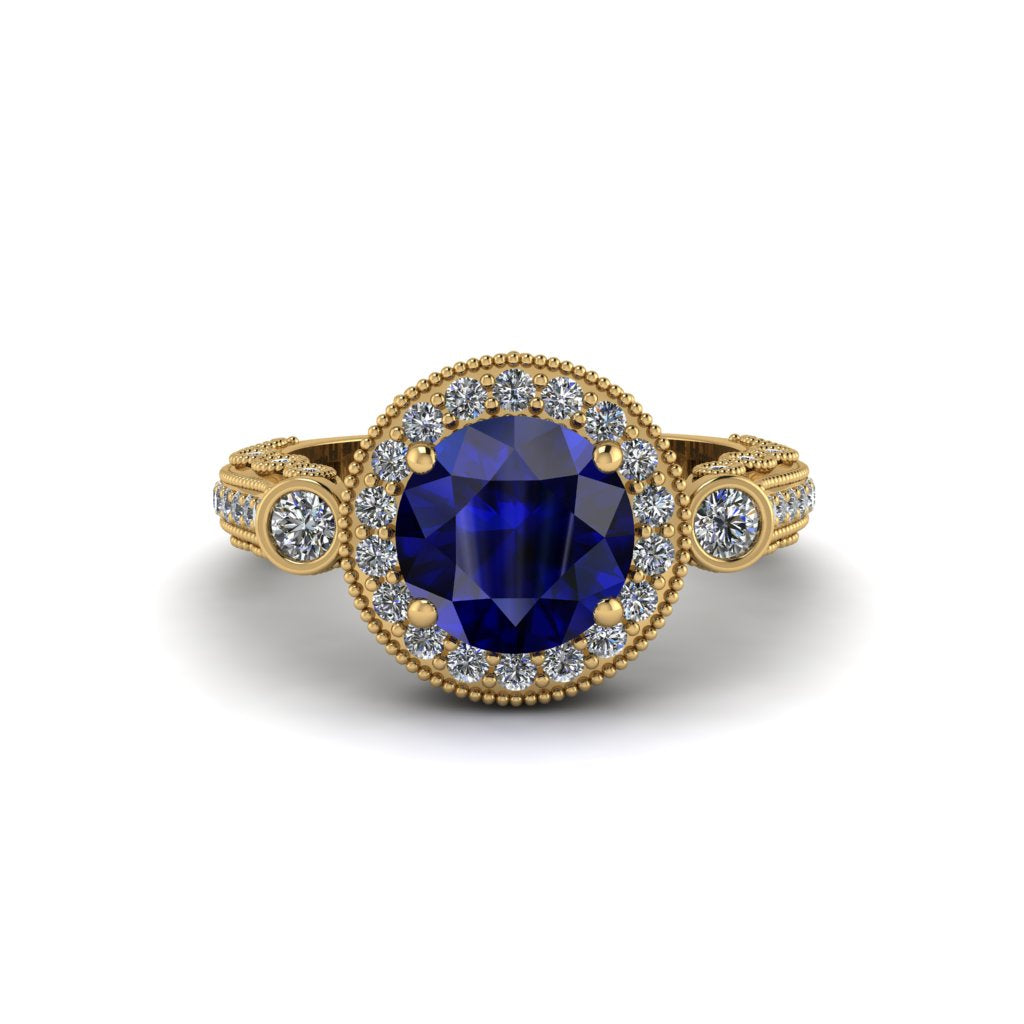 Milgrain Halo Pave Sapphire Engagement Ring - Mabel No. 13