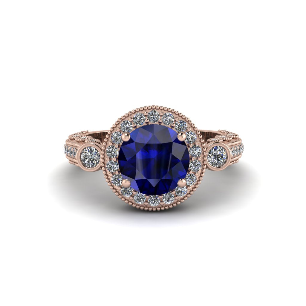 Milgrain Halo Pave Sapphire Engagement Ring - Mabel No. 14