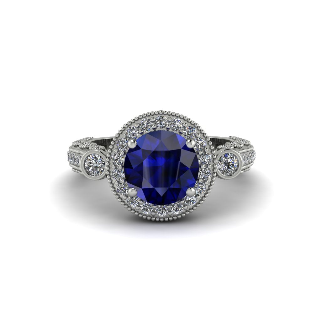 Milgrain Halo Pave Sapphire Engagement Ring - Mabel No. 15
