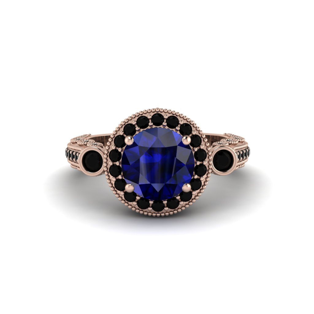 Milgrain Halo Pave Sapphire Engagement Ring - Mabel No. 44