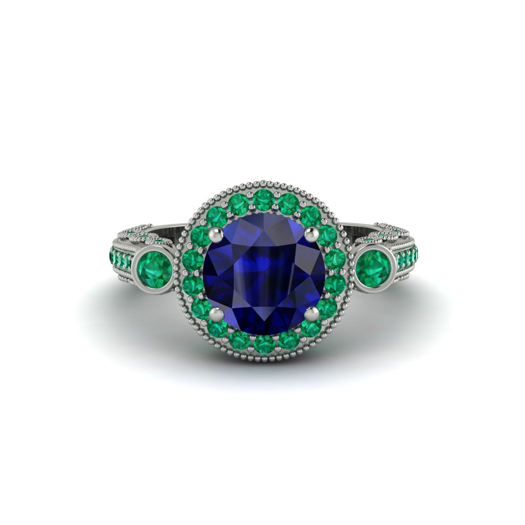 Milgrain Halo Pave Sapphire Engagement Ring - Mabel No. 30