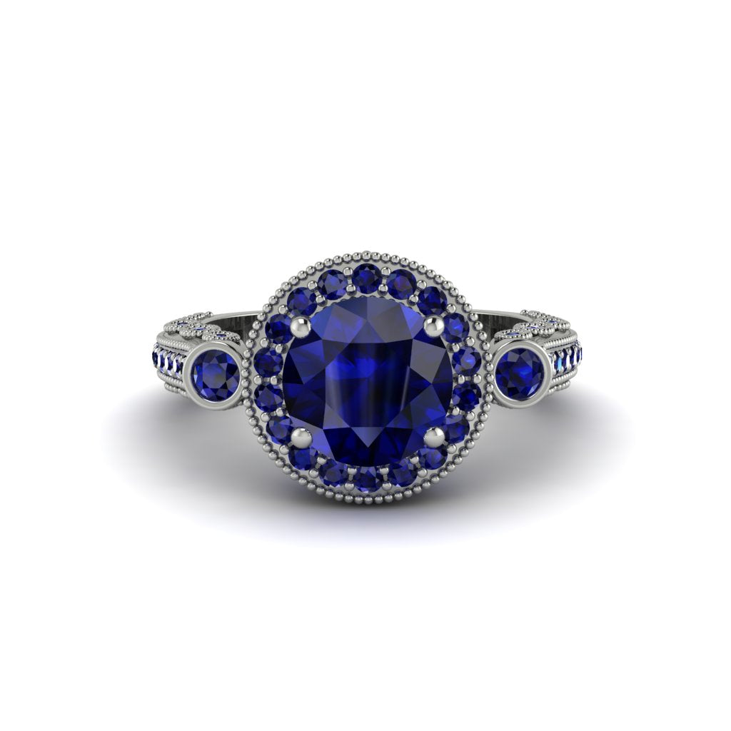 Milgrain Halo Pave Sapphire Engagement Ring - Mabel No. 75