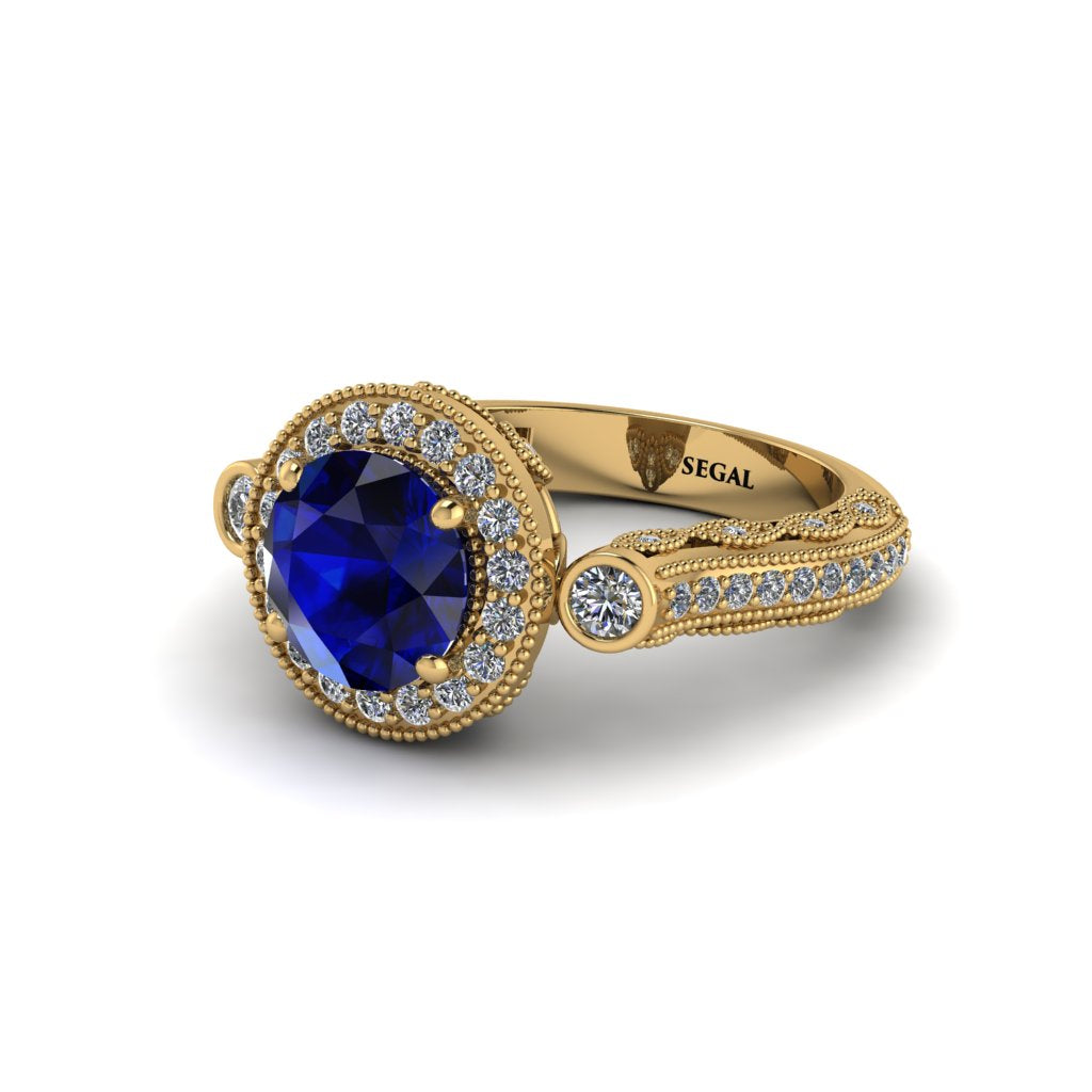 Milgrain Halo Pave Sapphire Engagement Ring - Mabel No. 13