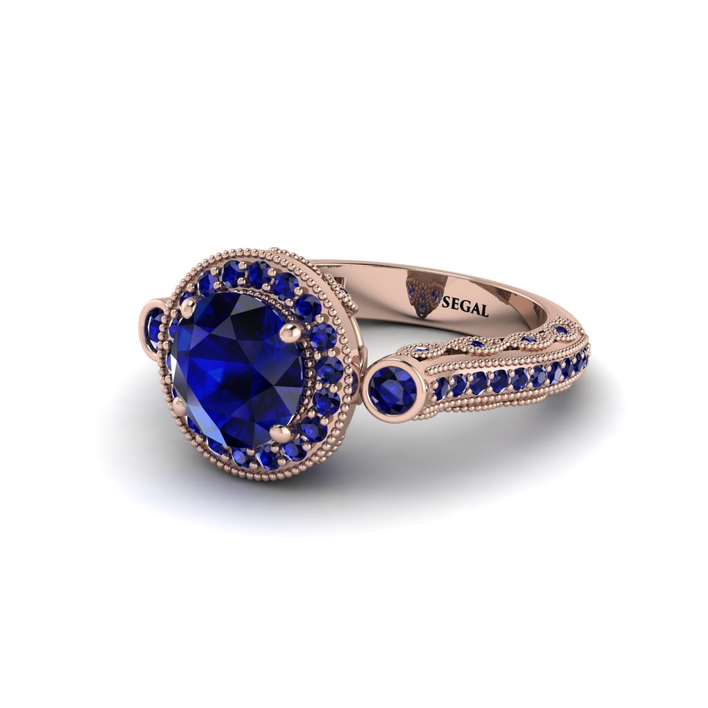 Milgrain Halo Pave Sapphire Engagement Ring - Mabel No. 74