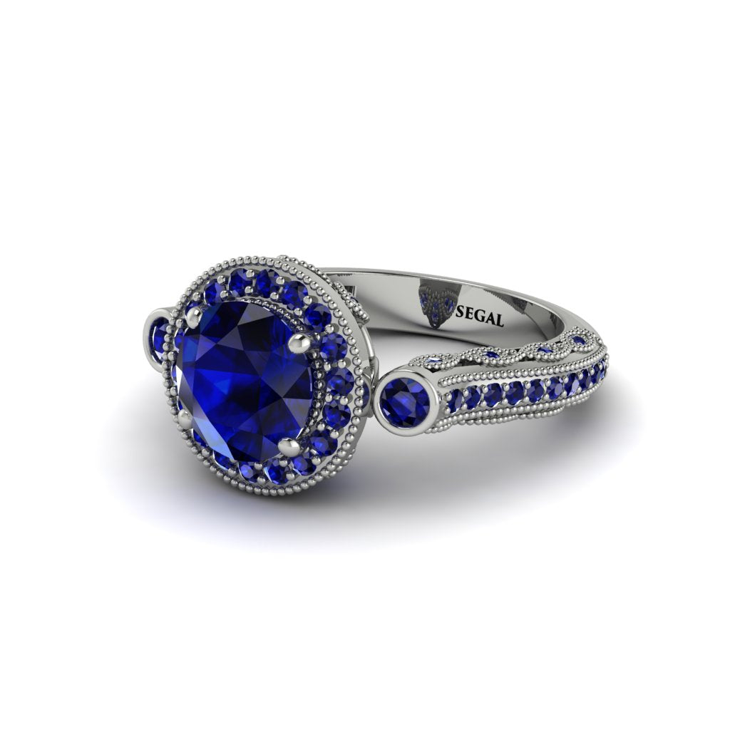 Milgrain Halo Pave Sapphire Engagement Ring - Mabel No. 75