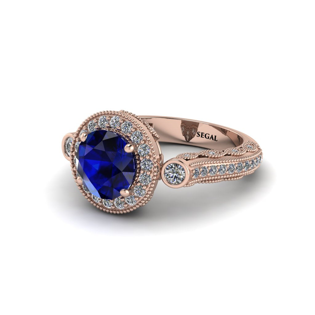 Milgrain Halo Pave Sapphire Engagement Ring - Mabel No. 14