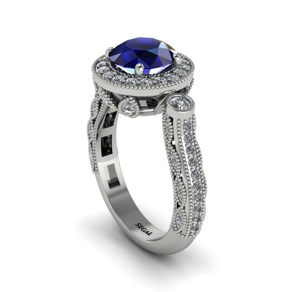 Milgrain Halo Pave Sapphire Engagement Ring - Mabel No. 15