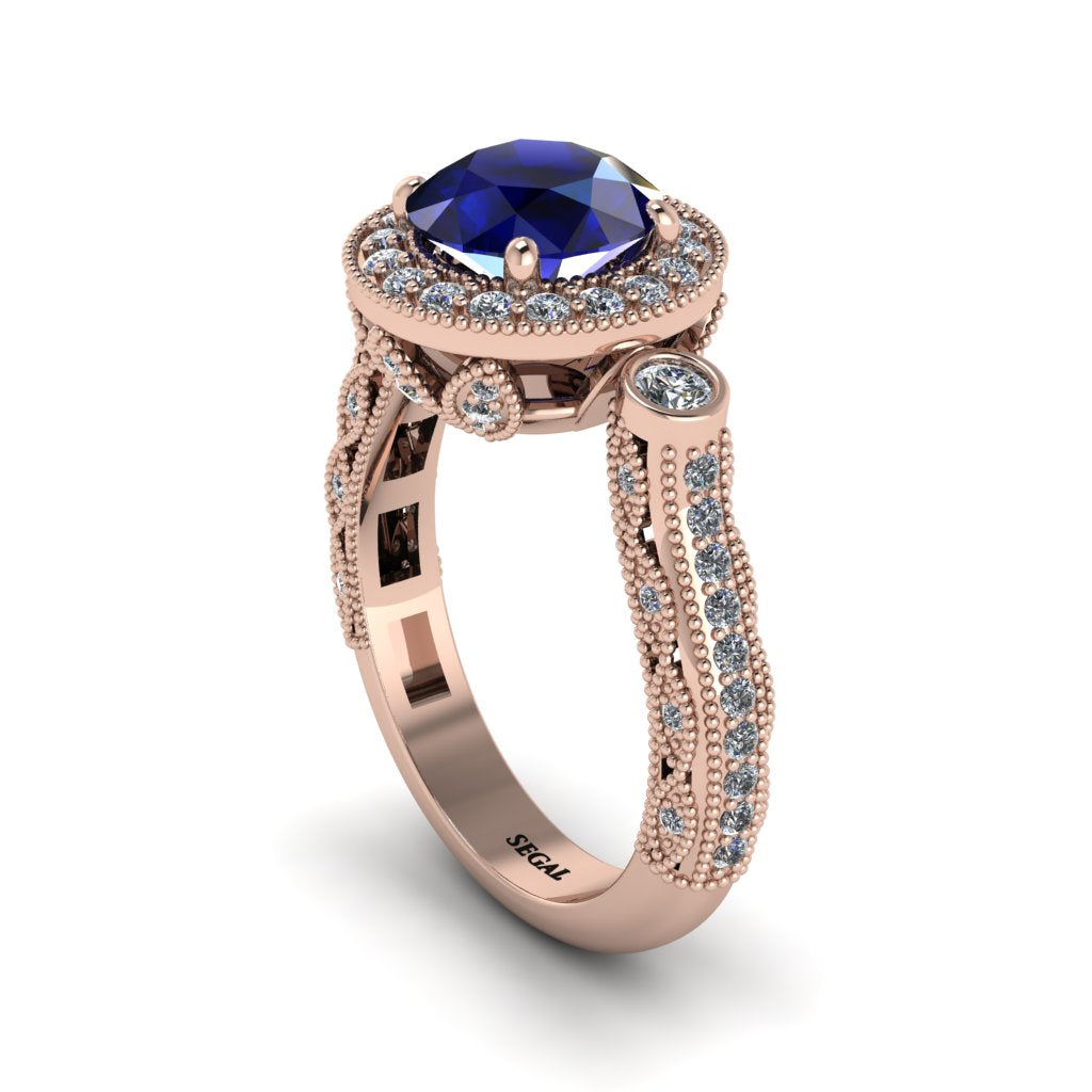 Milgrain Halo Pave Sapphire Engagement Ring - Mabel No. 14