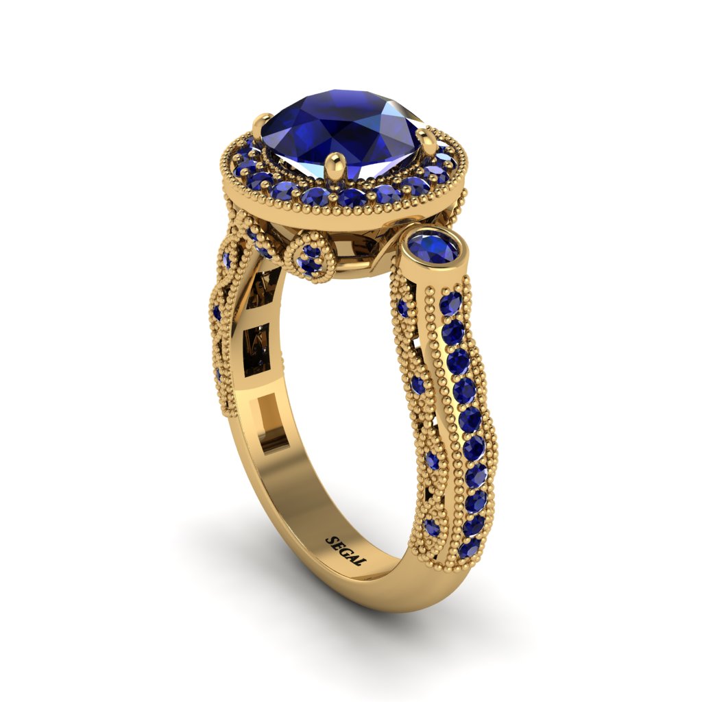 Milgrain Halo Pave Sapphire Engagement Ring - Mabel No. 73