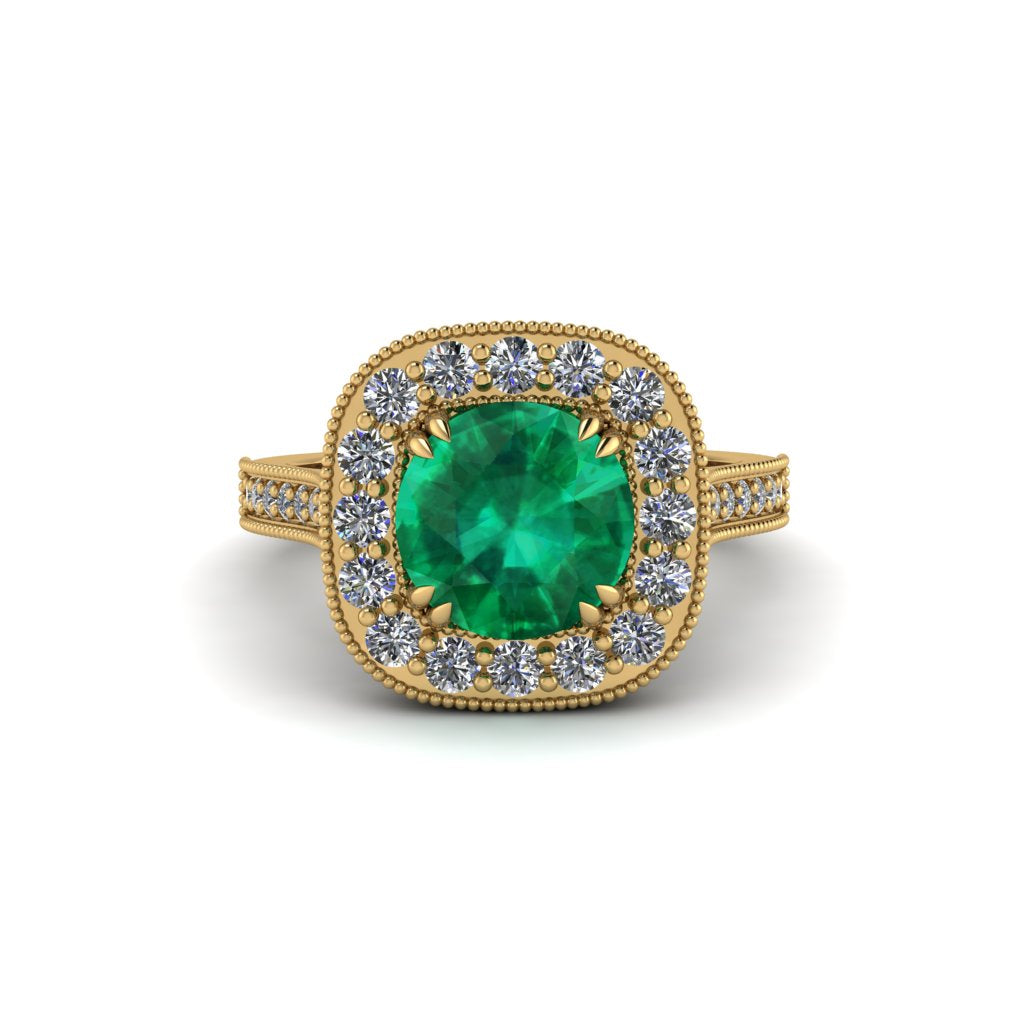 Milgrain Halo Round Emerald Engagement Ring - Odette No. 4