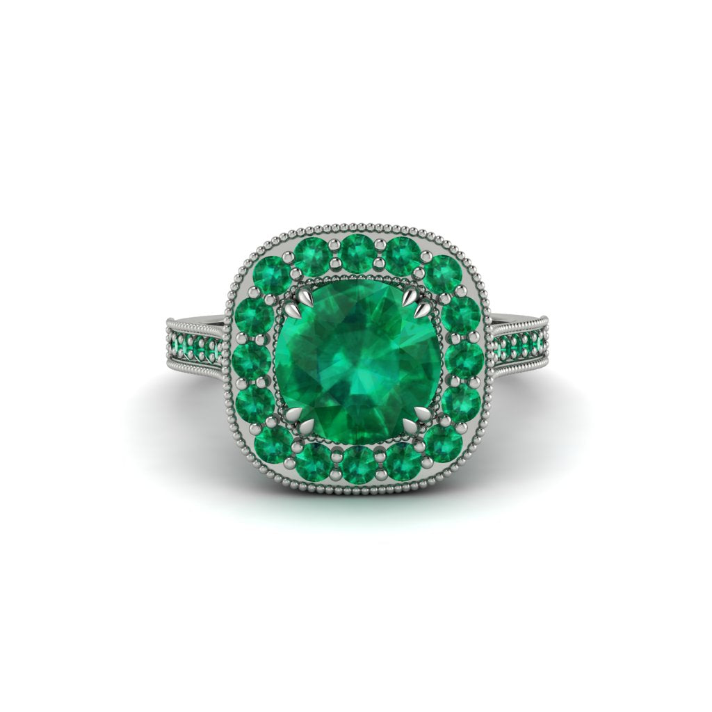 Milgrain Halo Round Emerald Engagement Ring - Odette No. 21