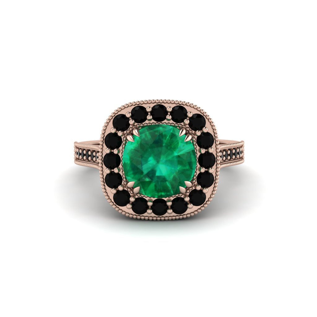 Milgrain Halo Round Emerald Engagement Ring - Odette No. 35