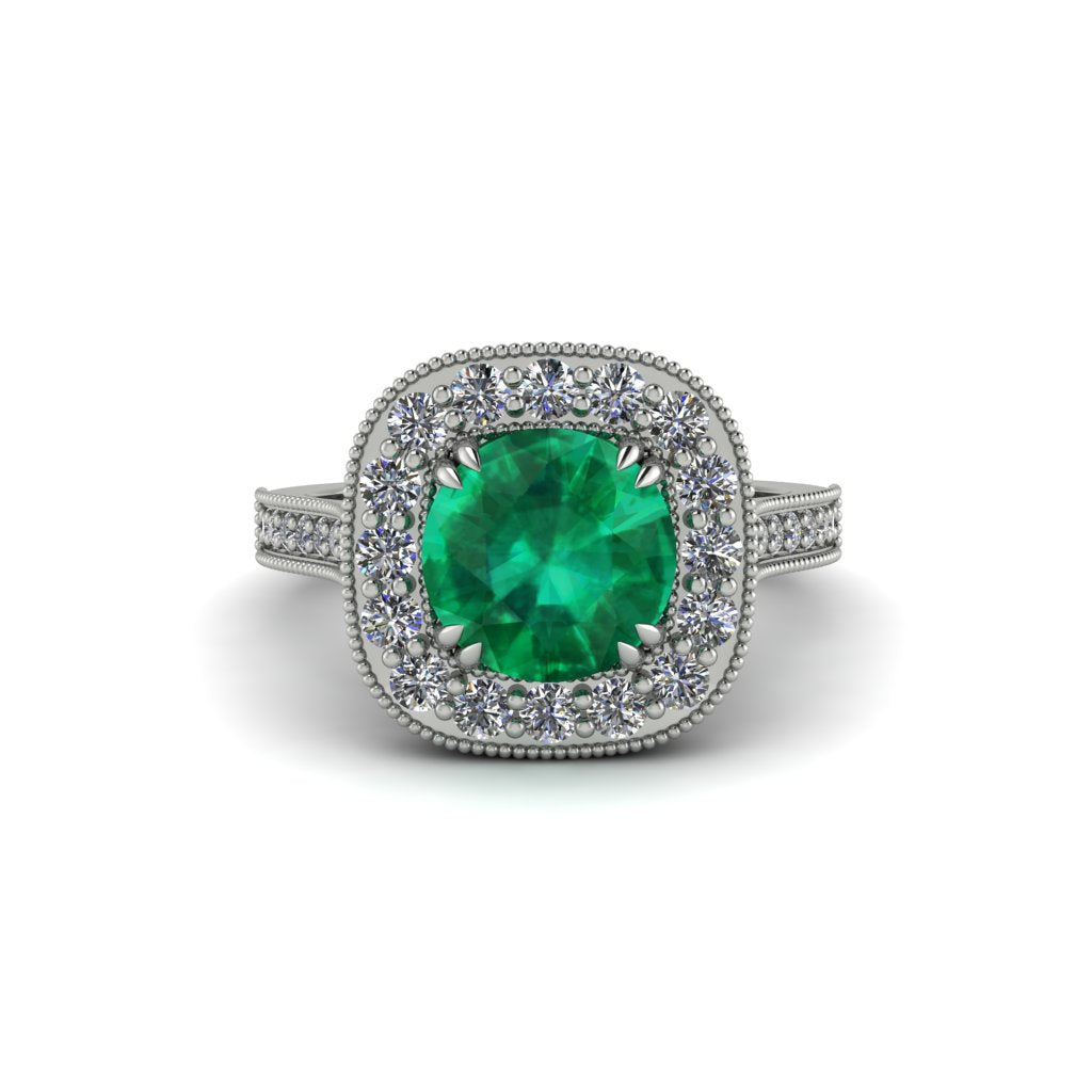 Milgrain Halo Round Emerald Engagement Ring - Odette No. 6