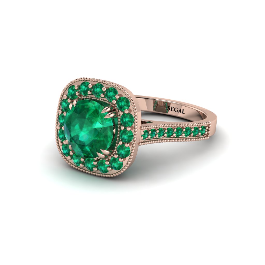 Milgrain Halo Round Emerald Engagement Ring - Odette No. 20