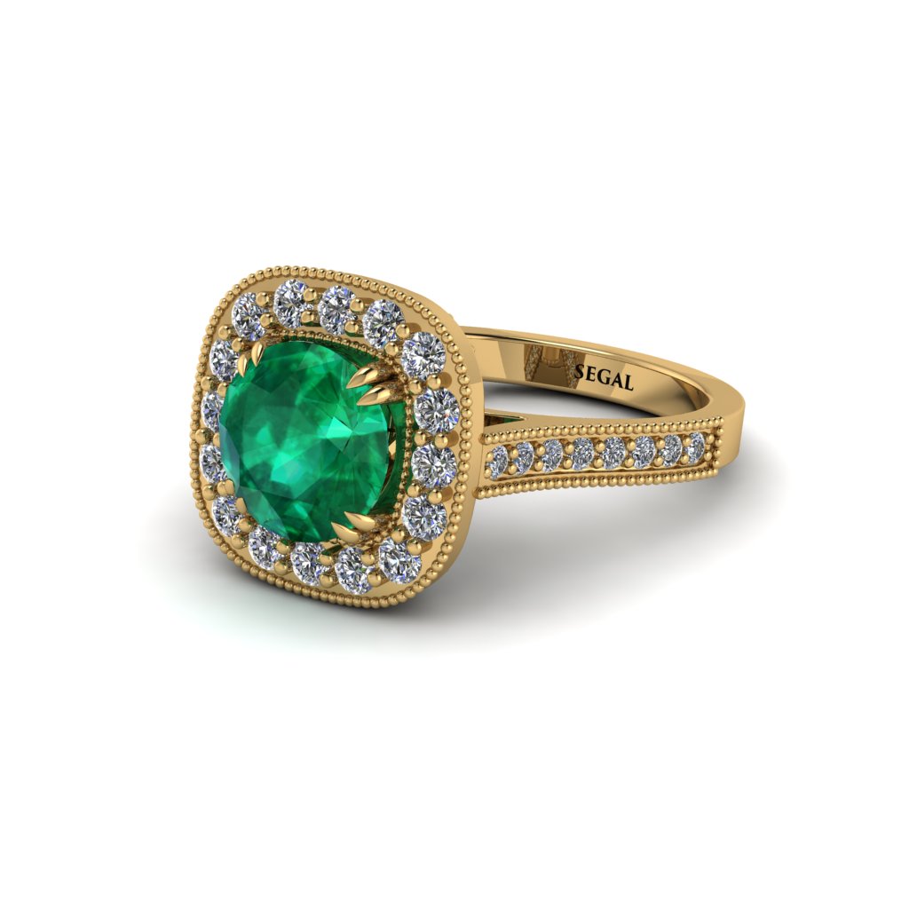 Milgrain Halo Round Emerald Engagement Ring - Odette No. 4