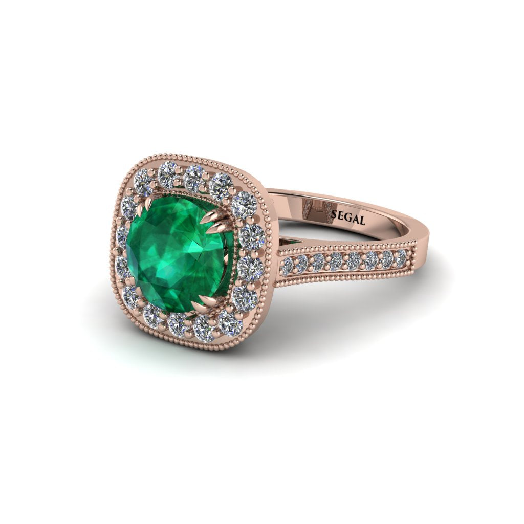 Milgrain Halo Round Emerald Engagement Ring - Odette No. 5