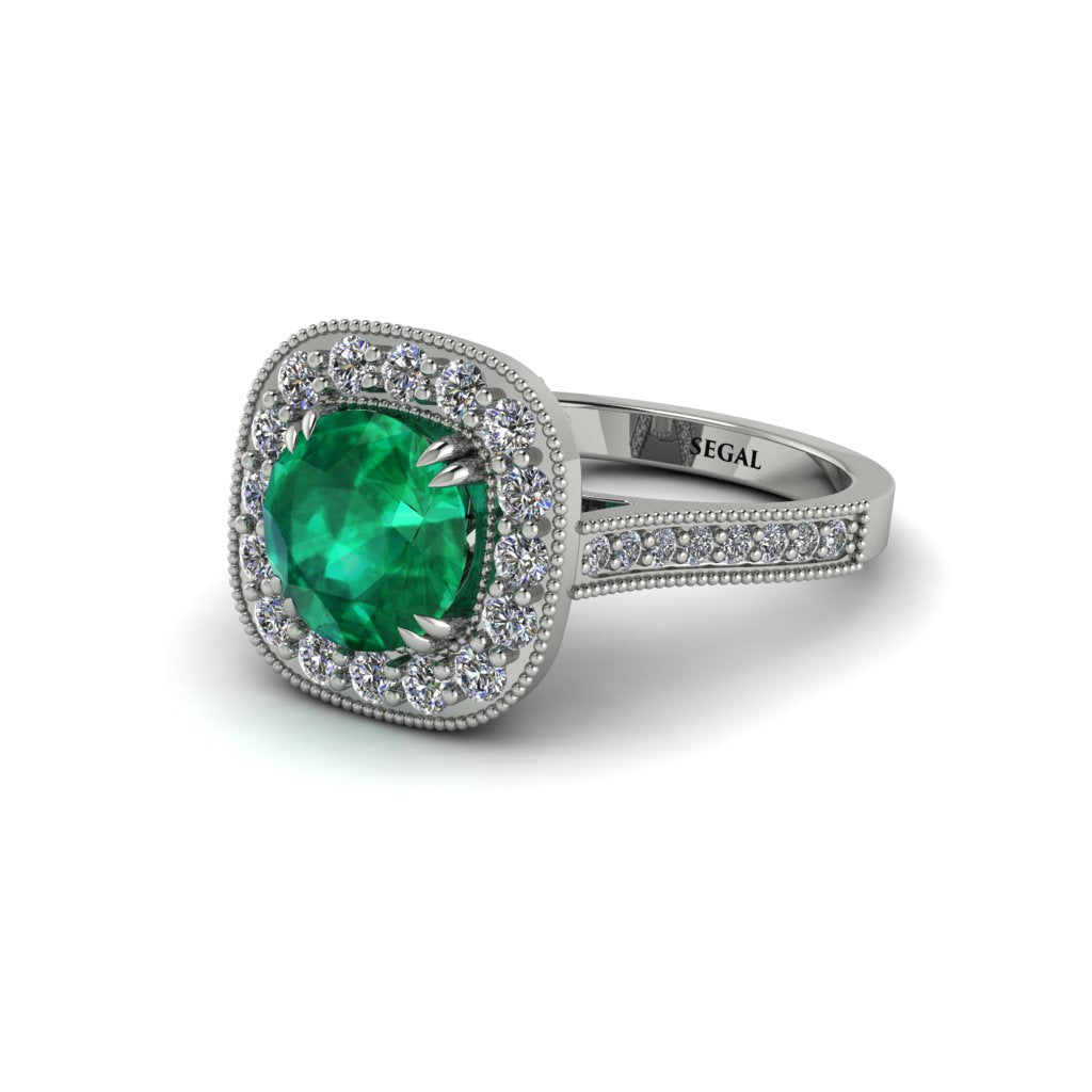 Milgrain Halo Round Emerald Engagement Ring - Odette No. 6