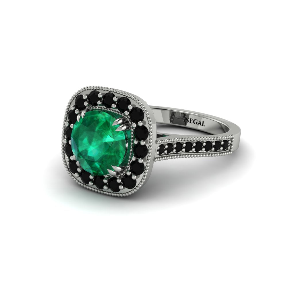 Milgrain Halo Round Emerald Engagement Ring - Odette No. 36