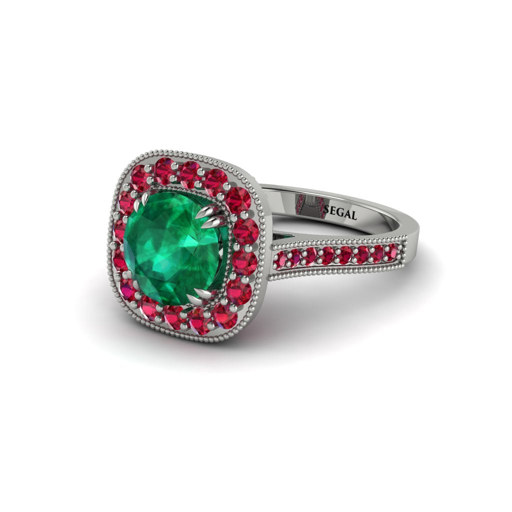 Milgrain Halo Round Emerald Engagement Ring - Odette No. 51