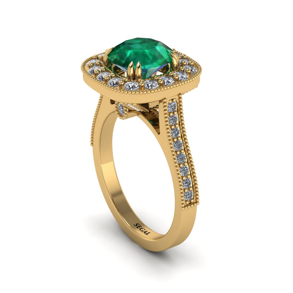 Milgrain Halo Round Emerald Engagement Ring - Odette No. 4