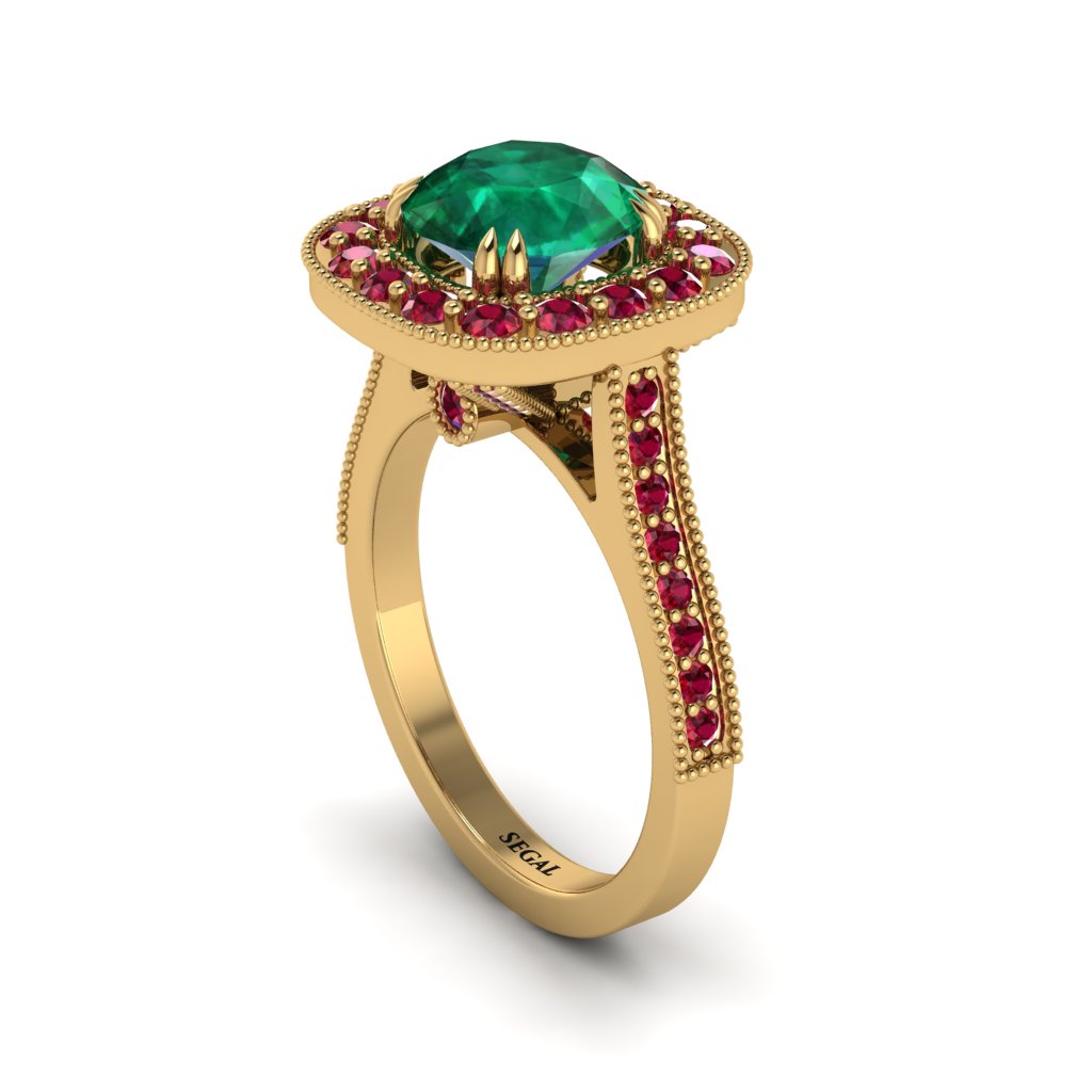 Milgrain Halo Round Emerald Engagement Ring - Odette No. 49