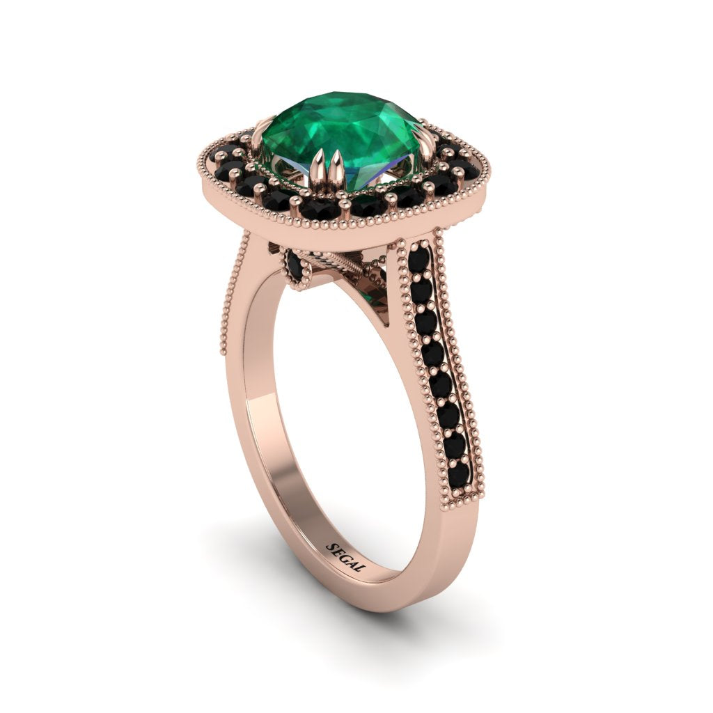 Milgrain Halo Round Emerald Engagement Ring - Odette No. 35
