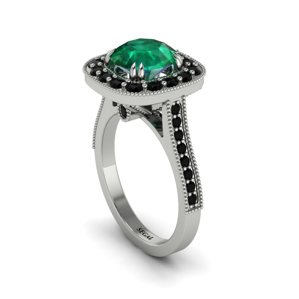 Milgrain Halo Round Emerald Engagement Ring - Odette No. 36