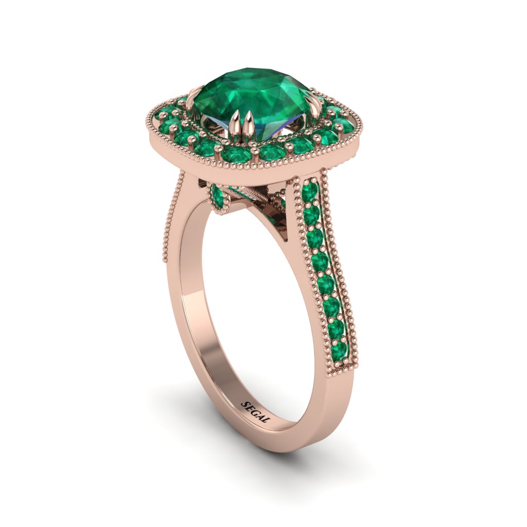 Milgrain Halo Round Emerald Engagement Ring - Odette No. 20