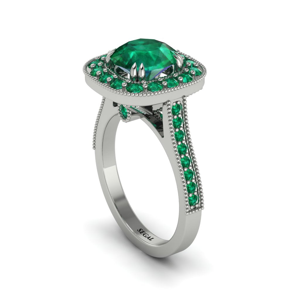 Milgrain Halo Round Emerald Engagement Ring - Odette No. 21