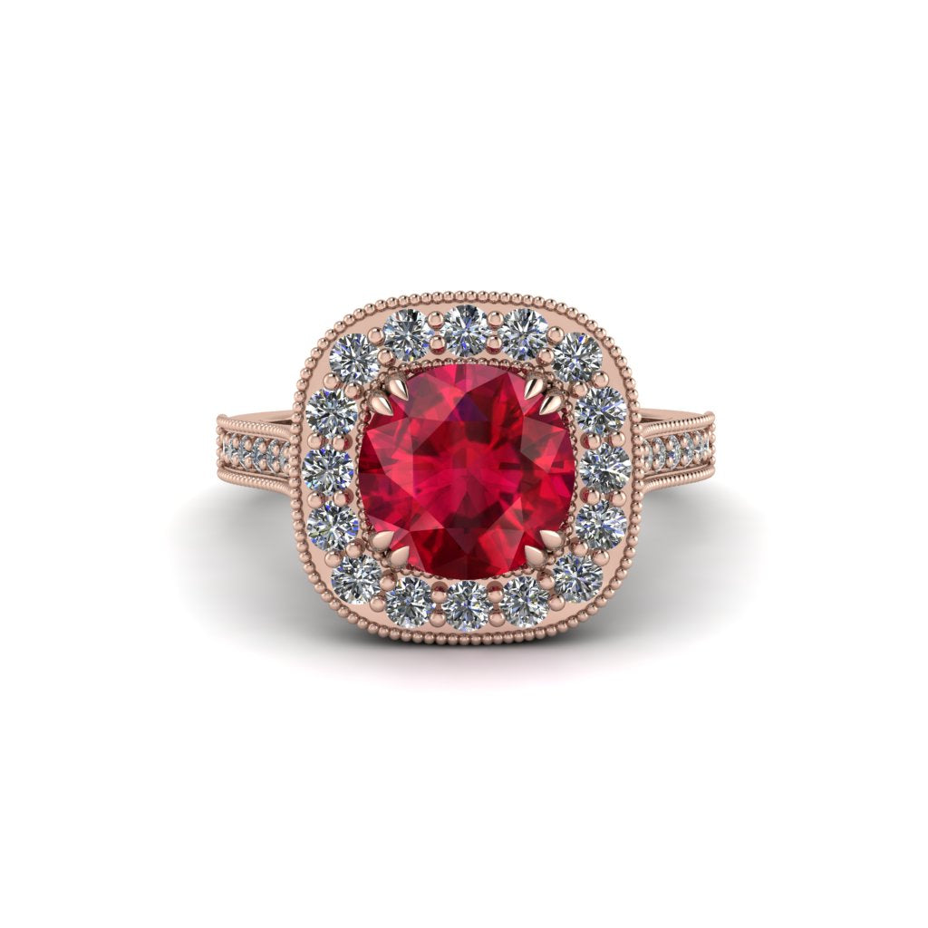 Milgrain Halo Round Ruby Engagement Ring - Odette No. 11