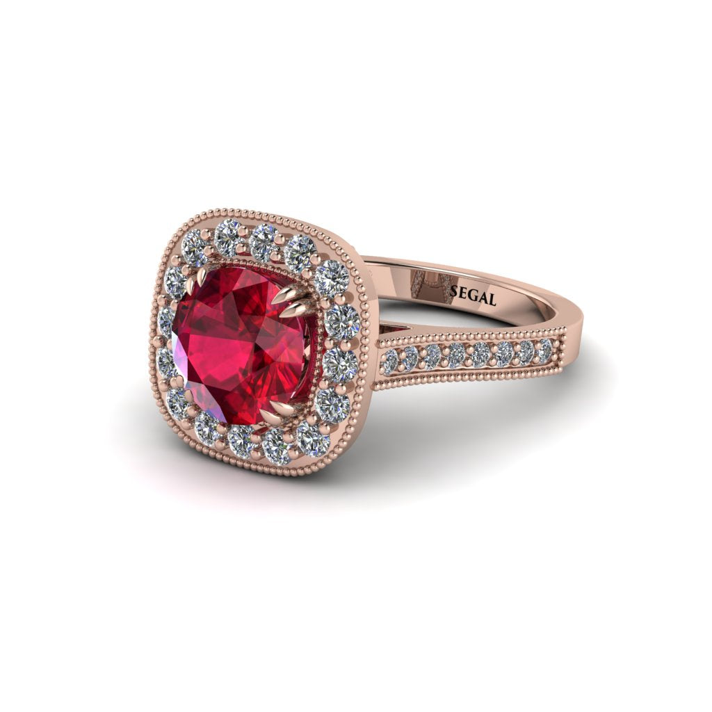Milgrain Halo Round Ruby Engagement Ring - Odette No. 11