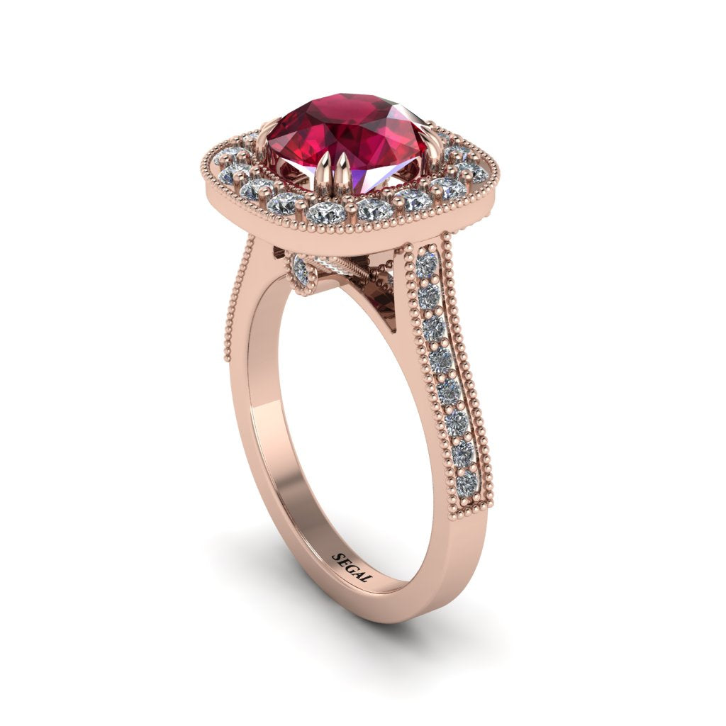 Milgrain Halo Round Ruby Engagement Ring - Odette No. 11