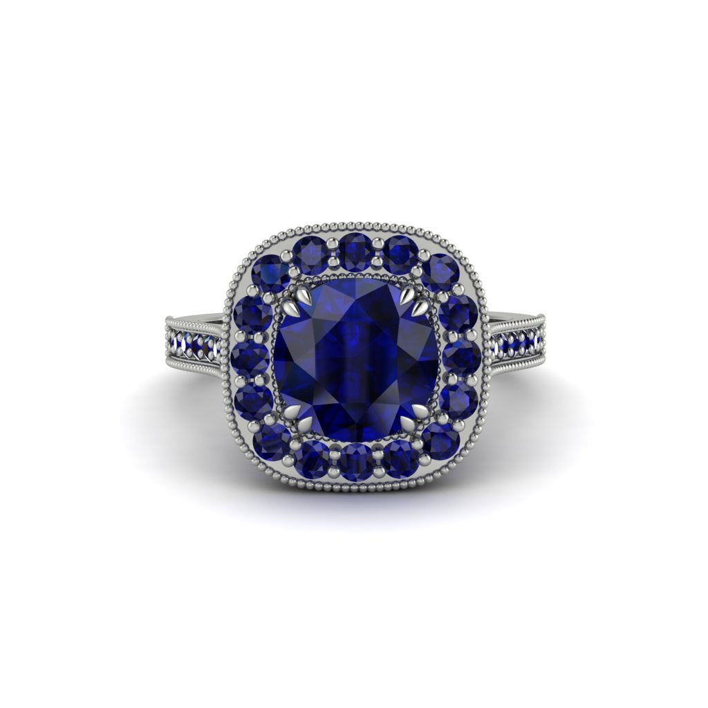 Milgrain Halo Round Sapphire Engagement Ring - Odette No. 75