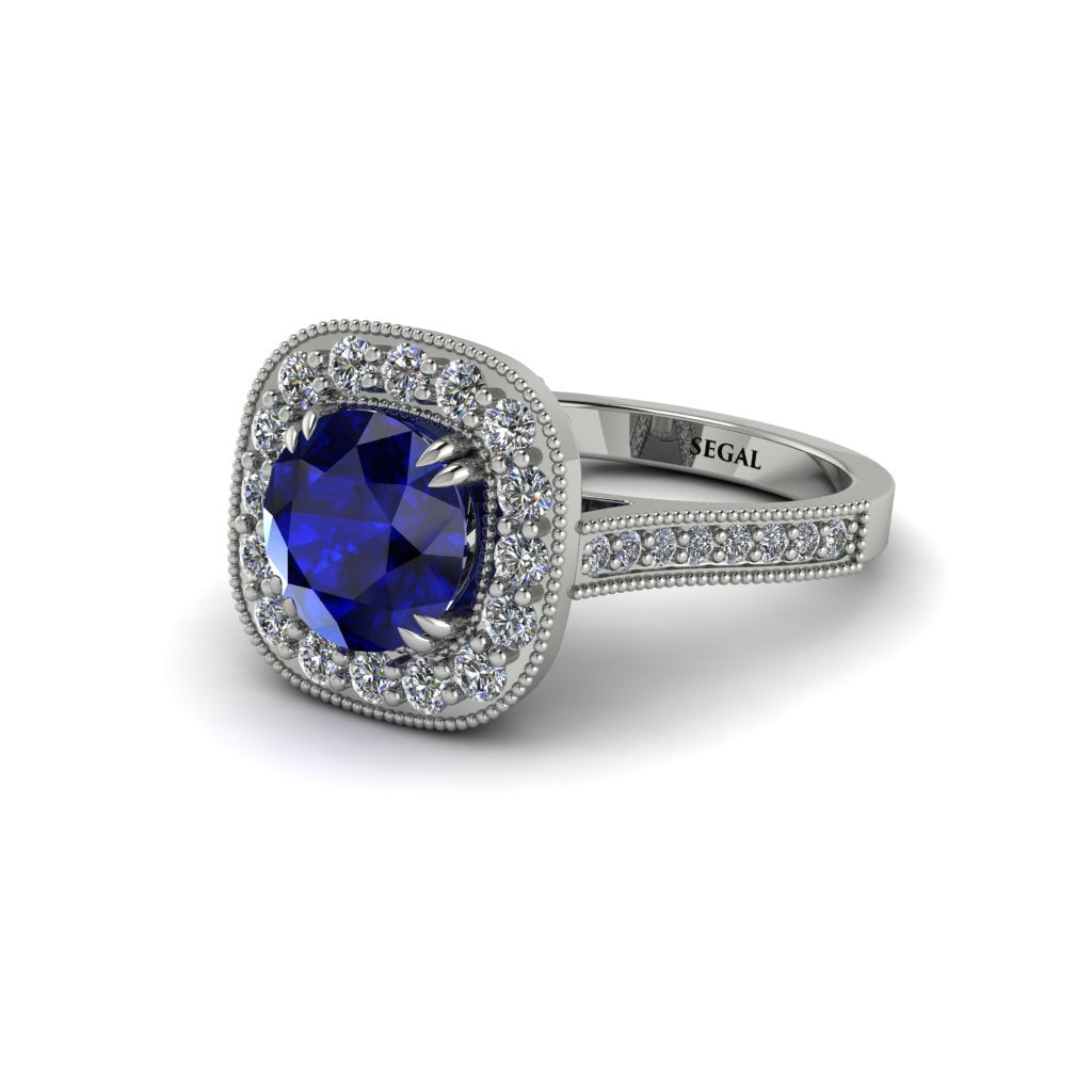 Milgrain Halo Round Sapphire Engagement Ring - Odette No. 15