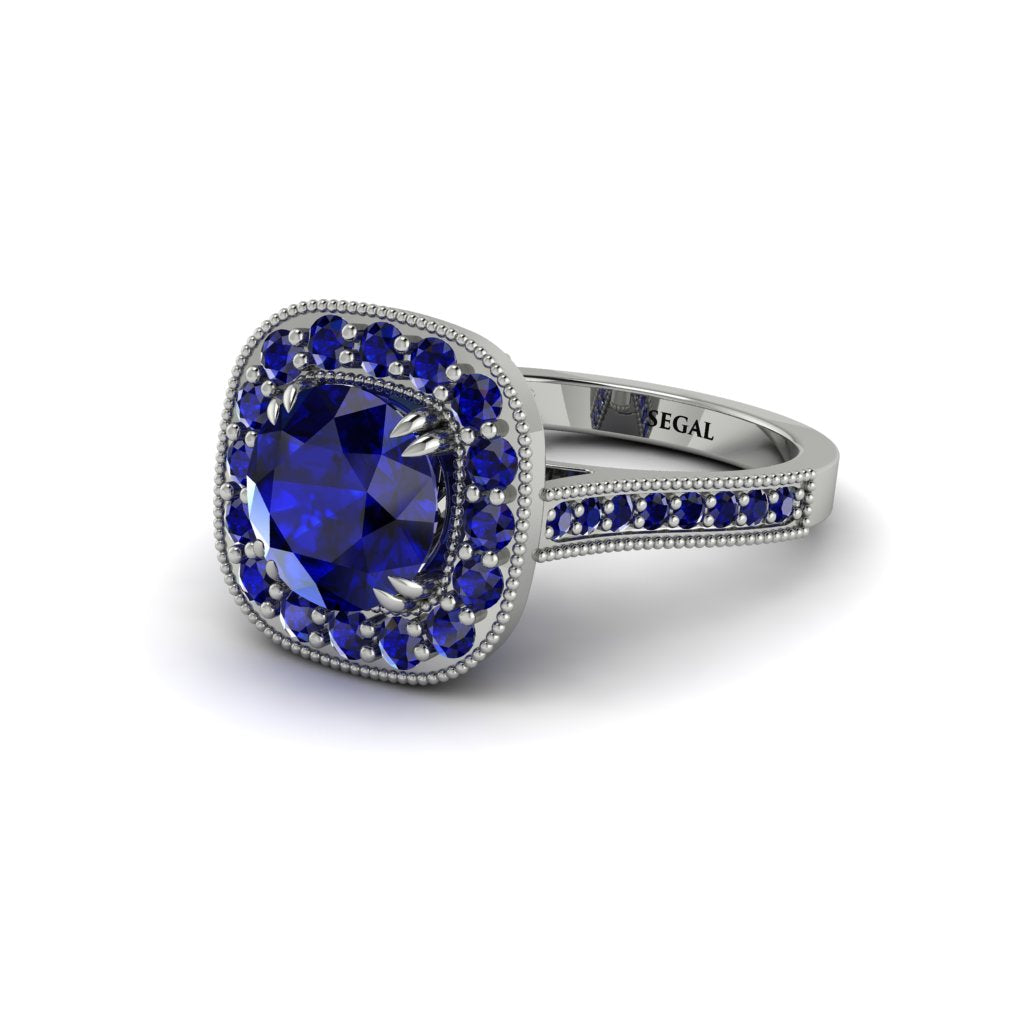 Milgrain Halo Round Sapphire Engagement Ring - Odette No. 75