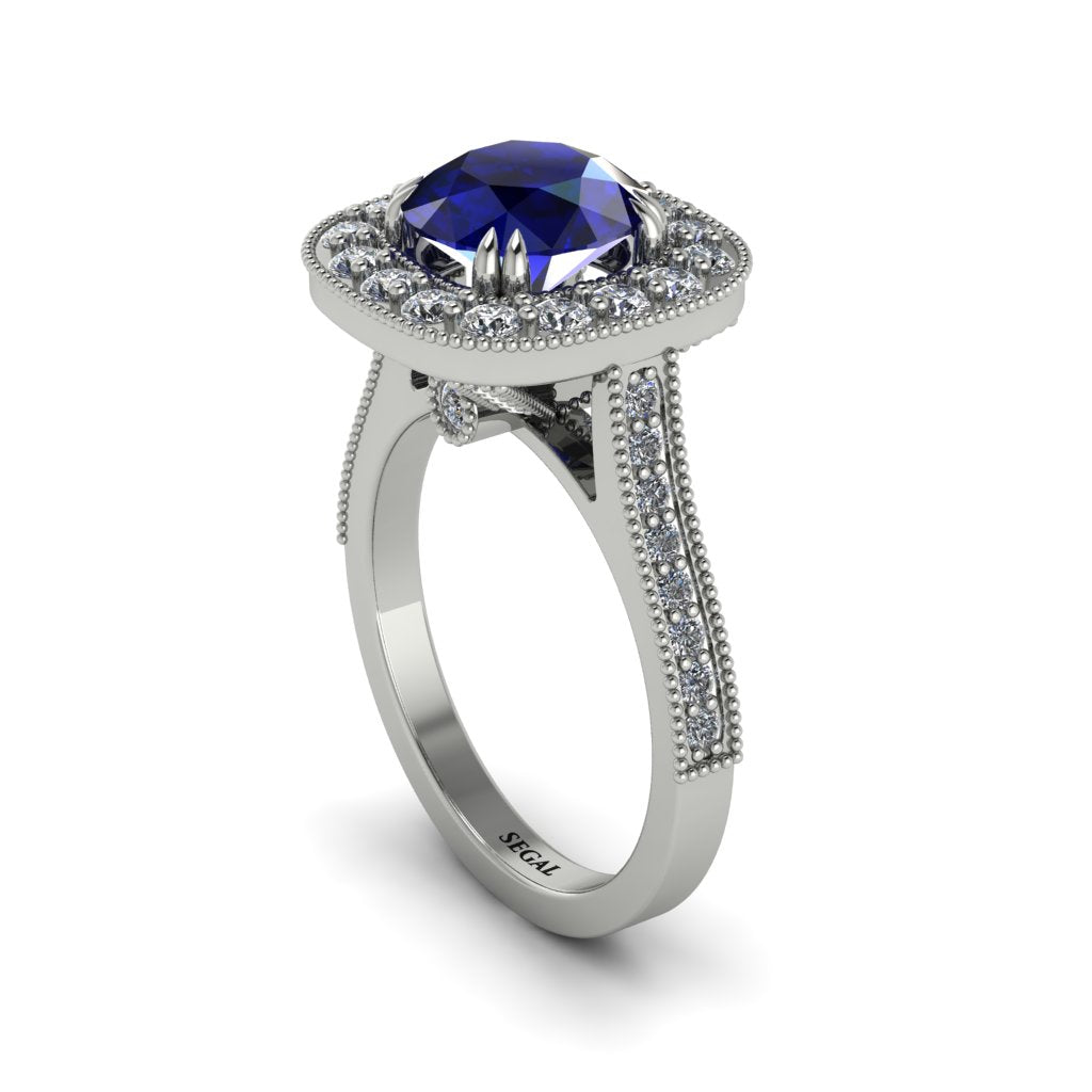 Milgrain Halo Round Sapphire Engagement Ring - Odette No. 15