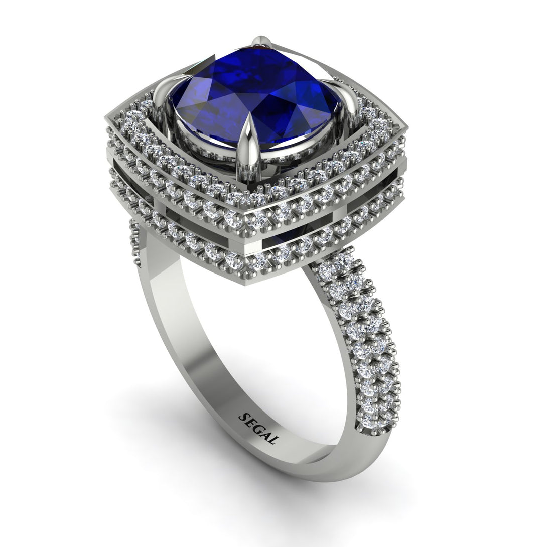 Round Sapphire Double Halo Engagement Ring - Kayleigh No. 15