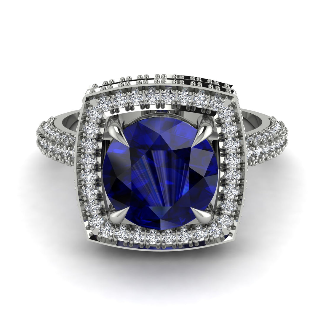 Round Sapphire Double Halo Engagement Ring - Kayleigh No. 15