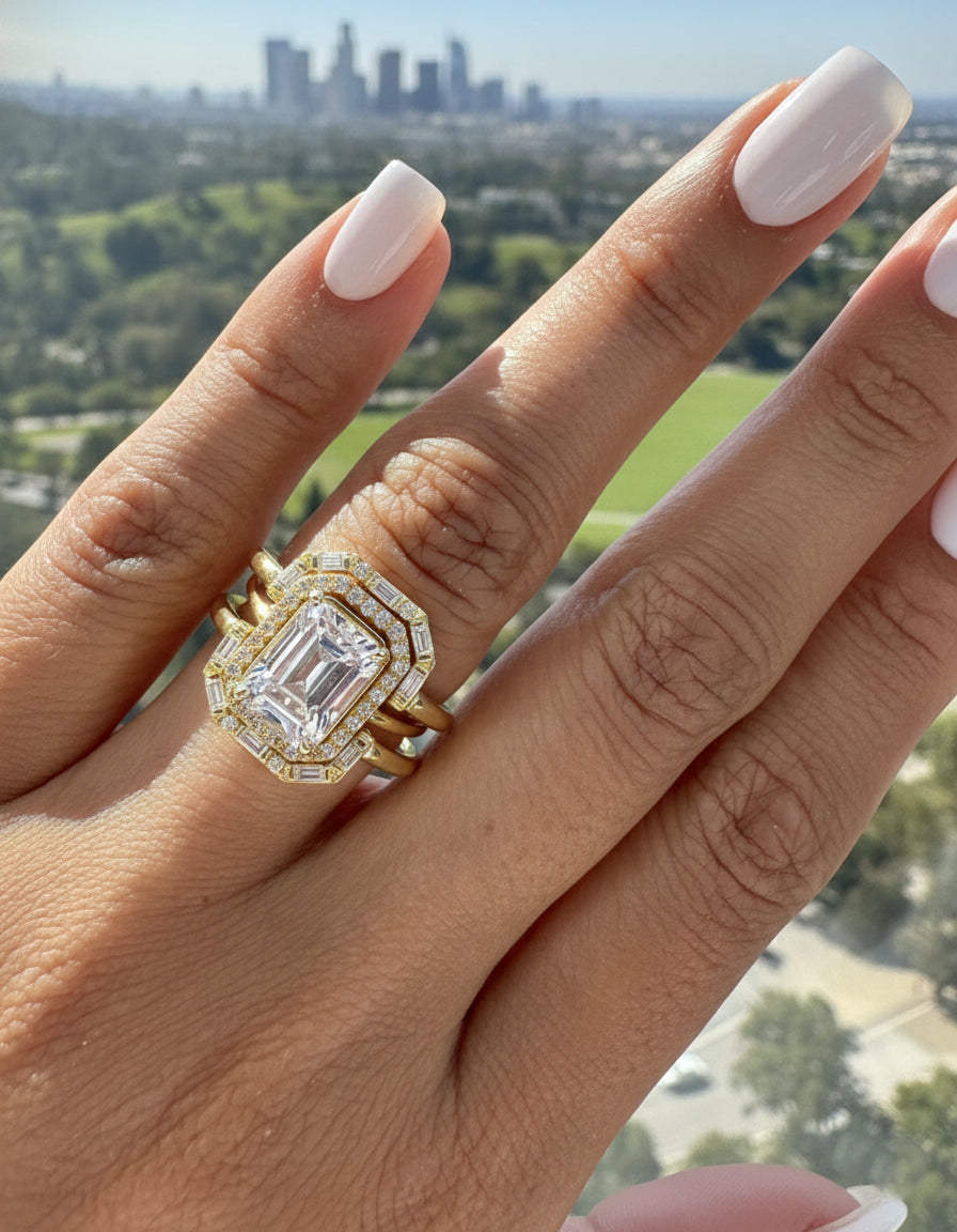Halo Emerald Cut diamond Bridal Set With Hidden Diamonds - Rowan No. 1