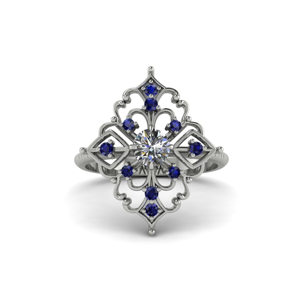 Sapphire Royal Filigree Cluster Engagement Ring - Zinnia No. 63