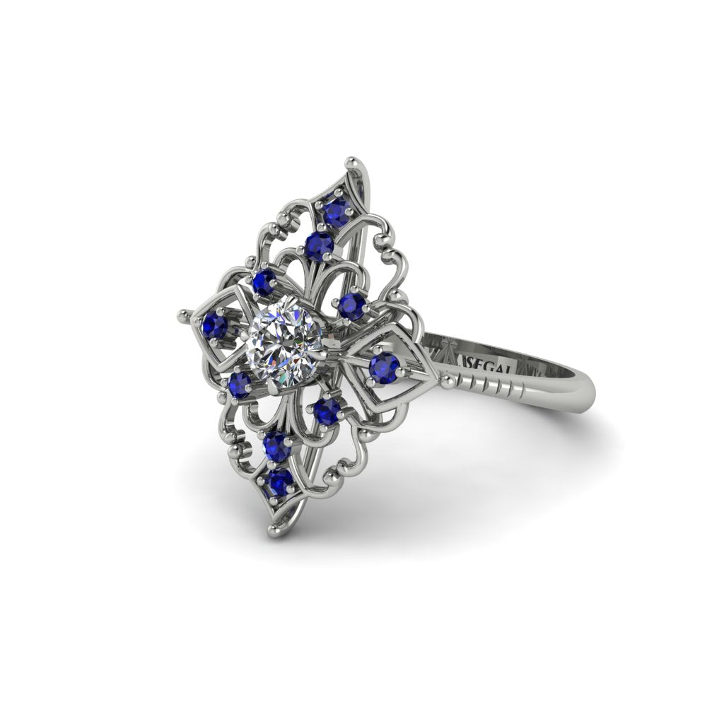 Sapphire Royal Filigree Cluster Engagement Ring - Zinnia No. 63