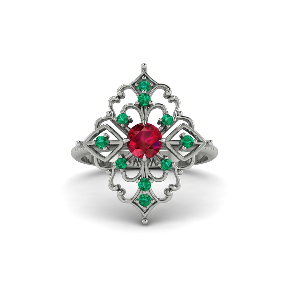 Emerald Royal Filigree Cluster Engagement Ring - Zinnia No. 27