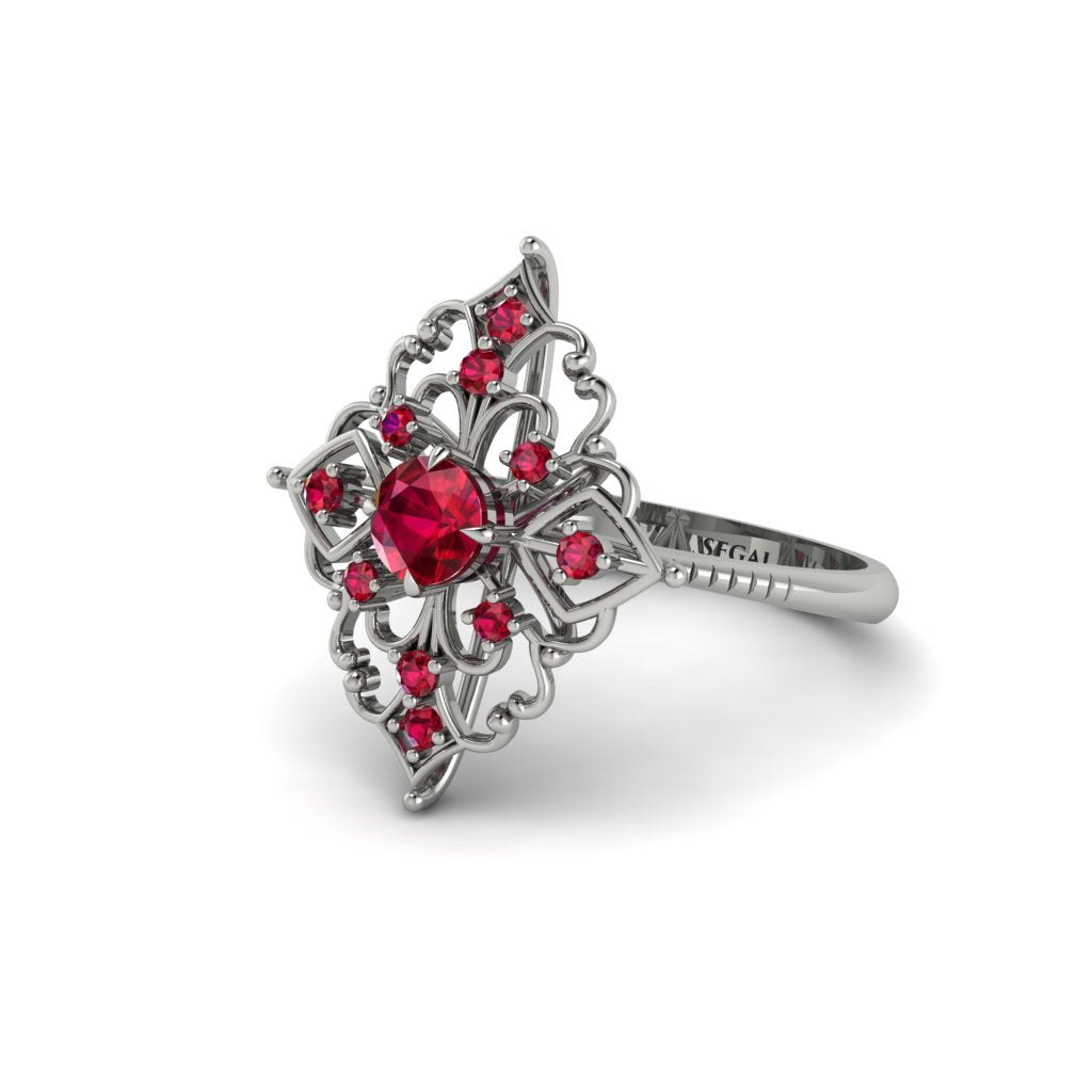 Ruby Royal Filigree Cluster Engagement Ring - Zinnia No. 57
