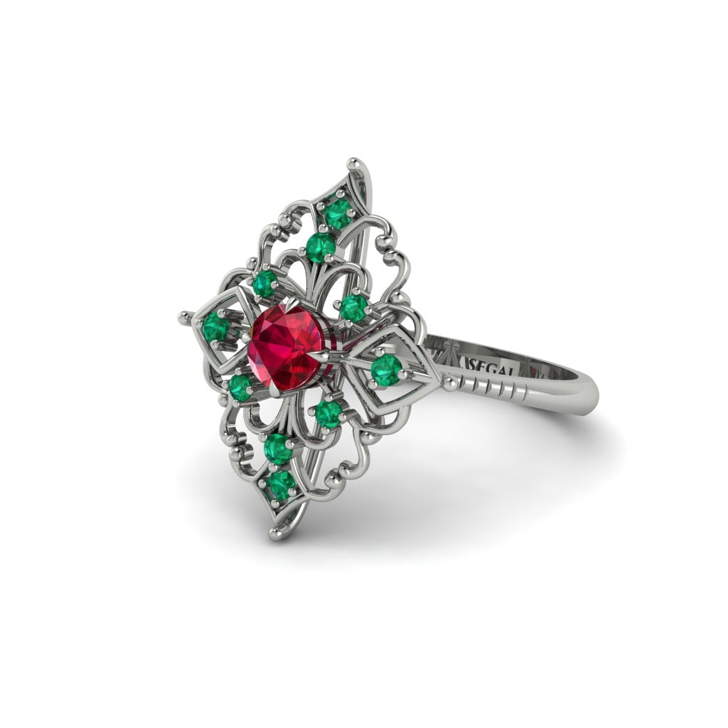 Emerald Royal Filigree Cluster Engagement Ring - Zinnia No. 27