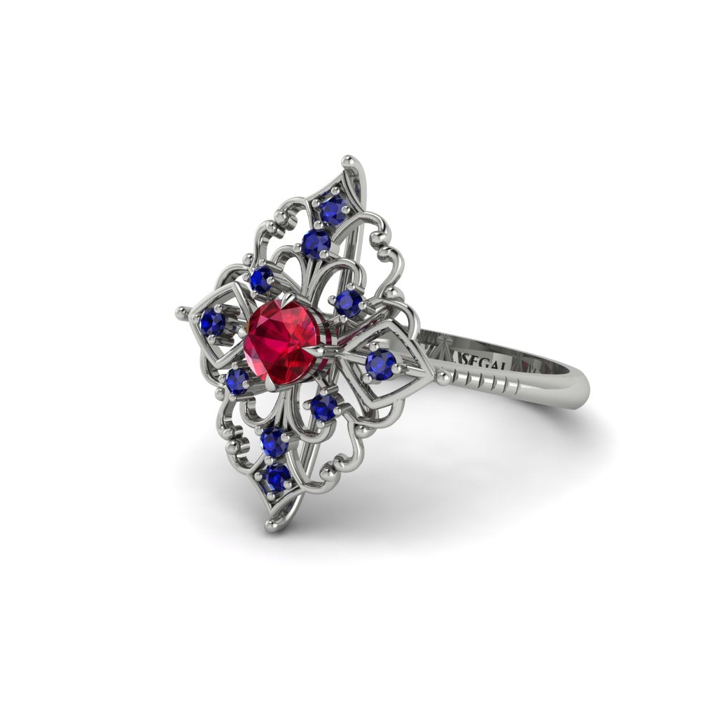 Sapphire Royal Filigree Cluster Engagement Ring - Zinnia No. 72