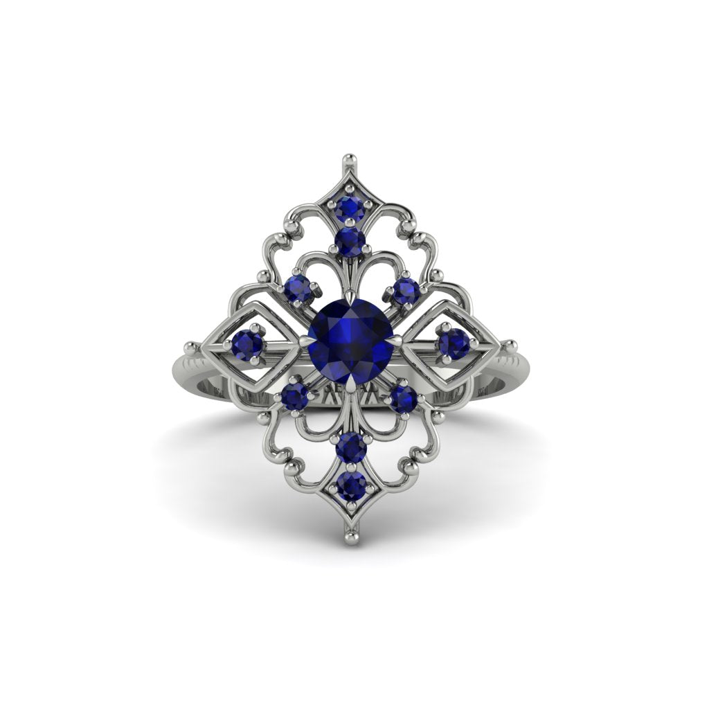 Sapphire Royal Filigree Cluster Engagement Ring - Zinnia No. 75