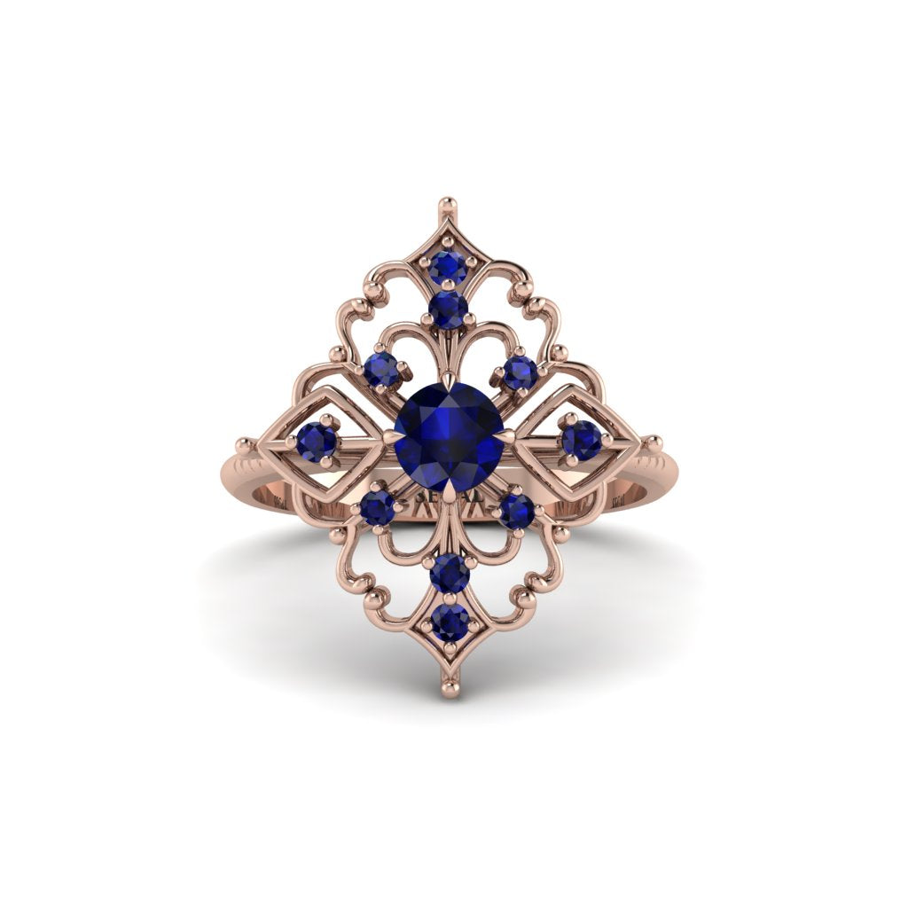 Sapphire Royal Filigree Cluster Engagement Ring - Zinnia No. 74