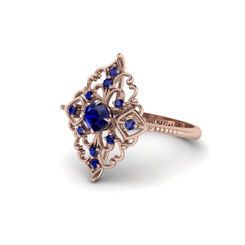 Sapphire Royal Filigree Cluster Engagement Ring - Zinnia No. 74