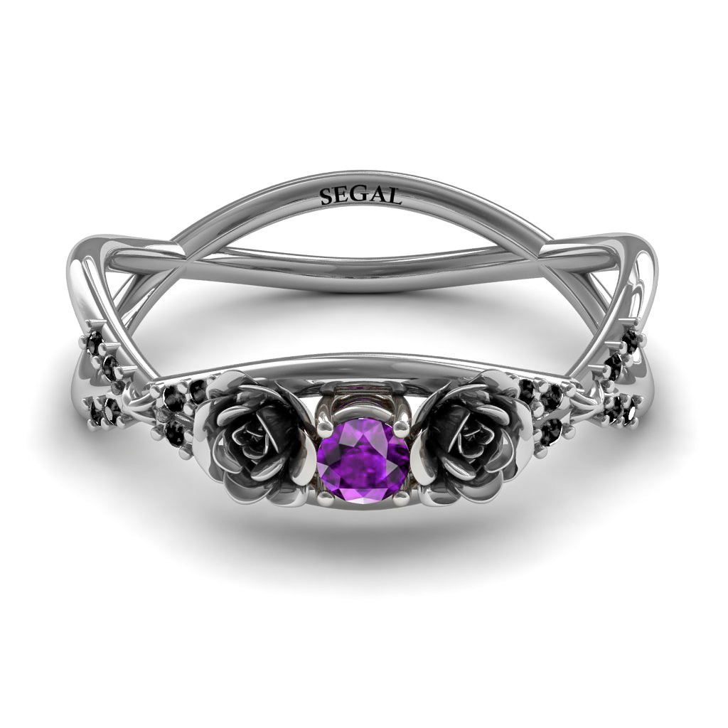Amethyst Rose Engagement ring 14K White Gold Thin Elegant Flower Ring with Black Damonds - Stella no. 300